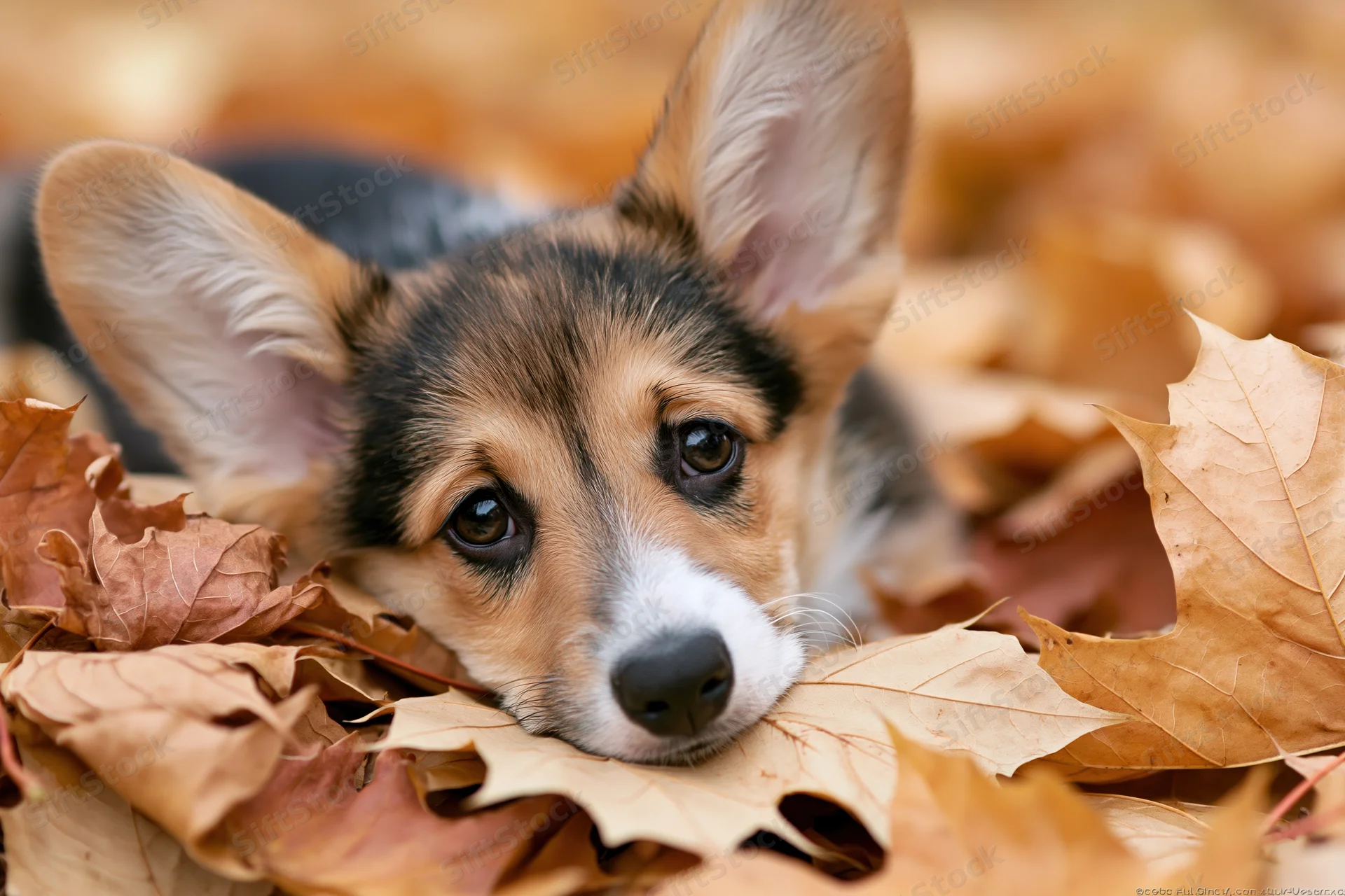 Tricolor corgi puppy peeking from a pile of fallen autumn leaves