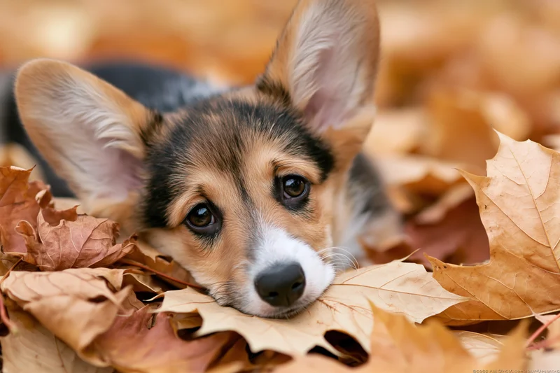 Tricolor corgi puppy peeking from a pile of fallen autumn leaves