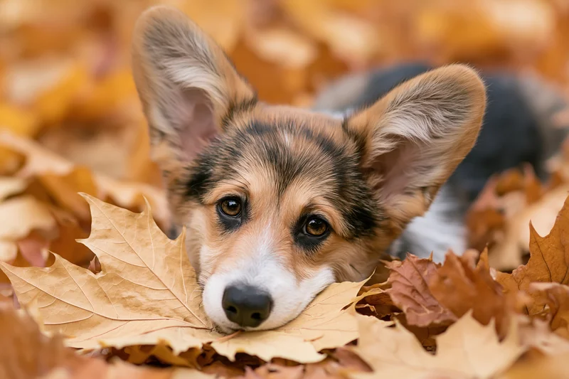 Tricolor corgi puppy peeking from a pile of fallen autumn leaves