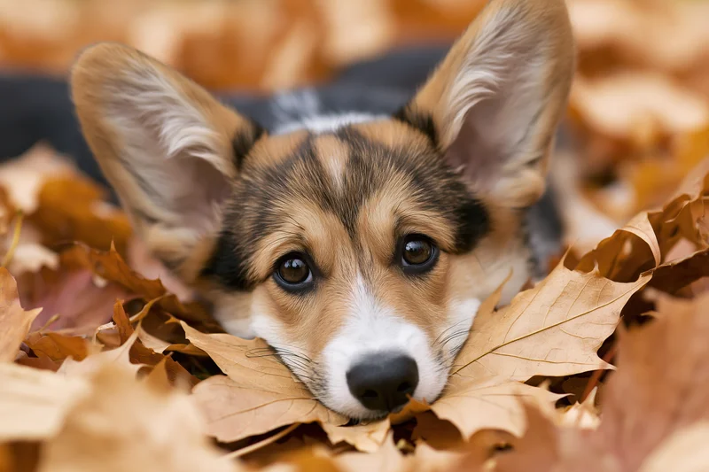 Tricolor corgi puppy peeking from a pile of fallen autumn leaves