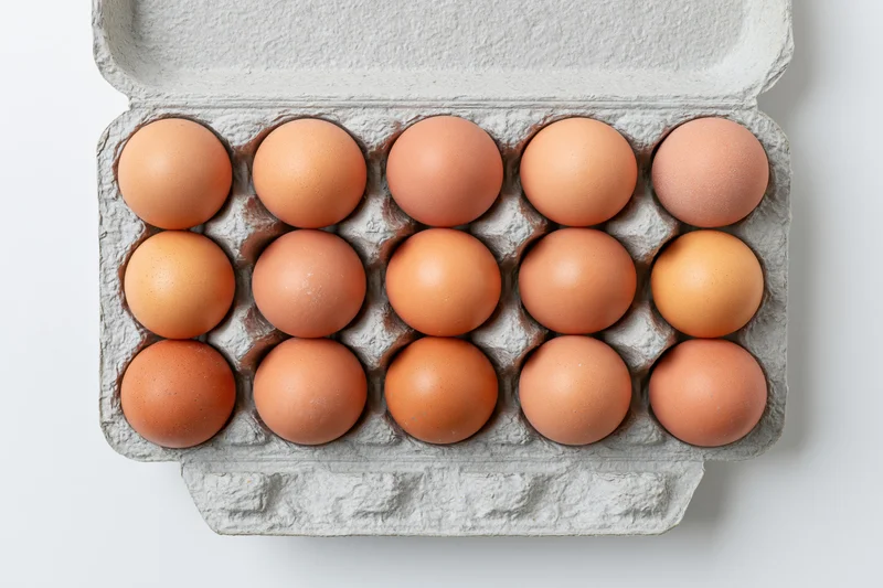 Twelve brown chicken eggs arranged in a gray recycled cardboard carton on a white surface