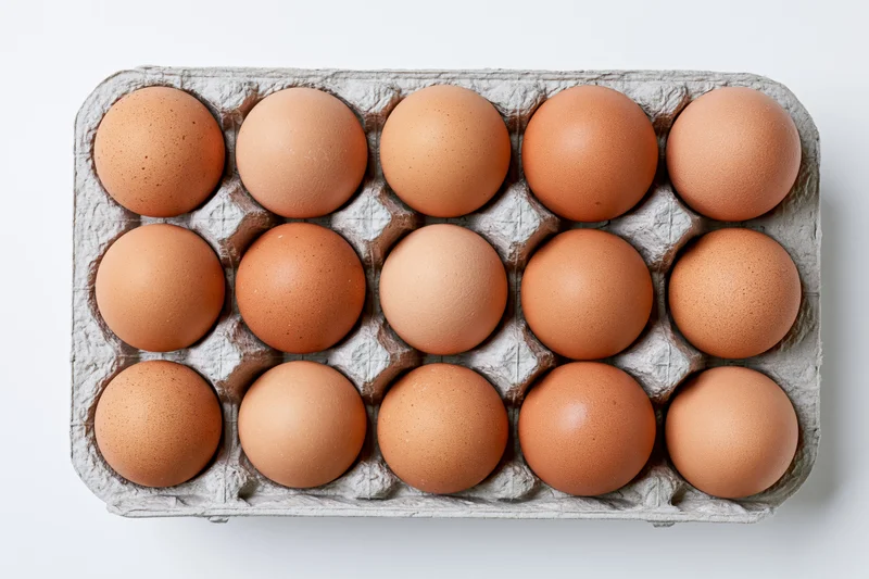 Twelve brown chicken eggs arranged in a gray recycled cardboard carton on white background