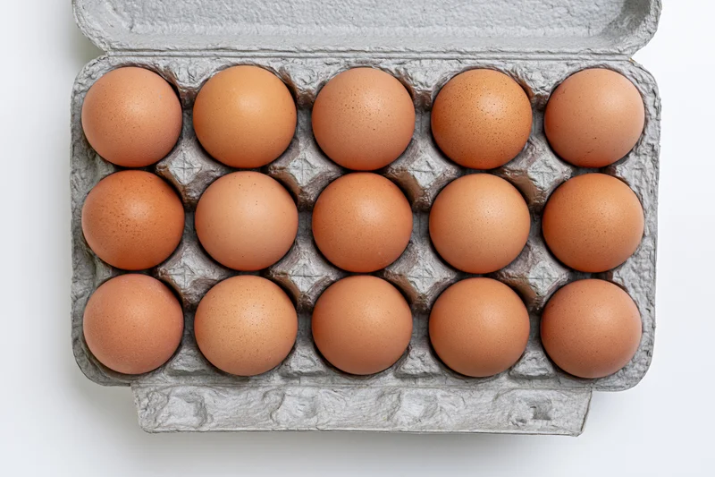 Twelve brown chicken eggs arranged in a gray recycled cardboard carton on white background