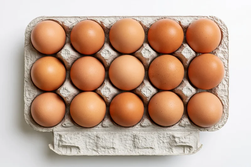 Twelve brown chicken eggs arranged in a gray recycled cardboard carton on white background
