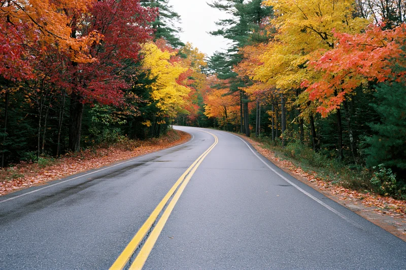 Two-lane asphalt road curving through dense New England forests