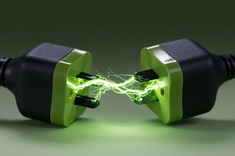 Two european electrical plugs facing each other with green lightning arcing between them on a dark surface