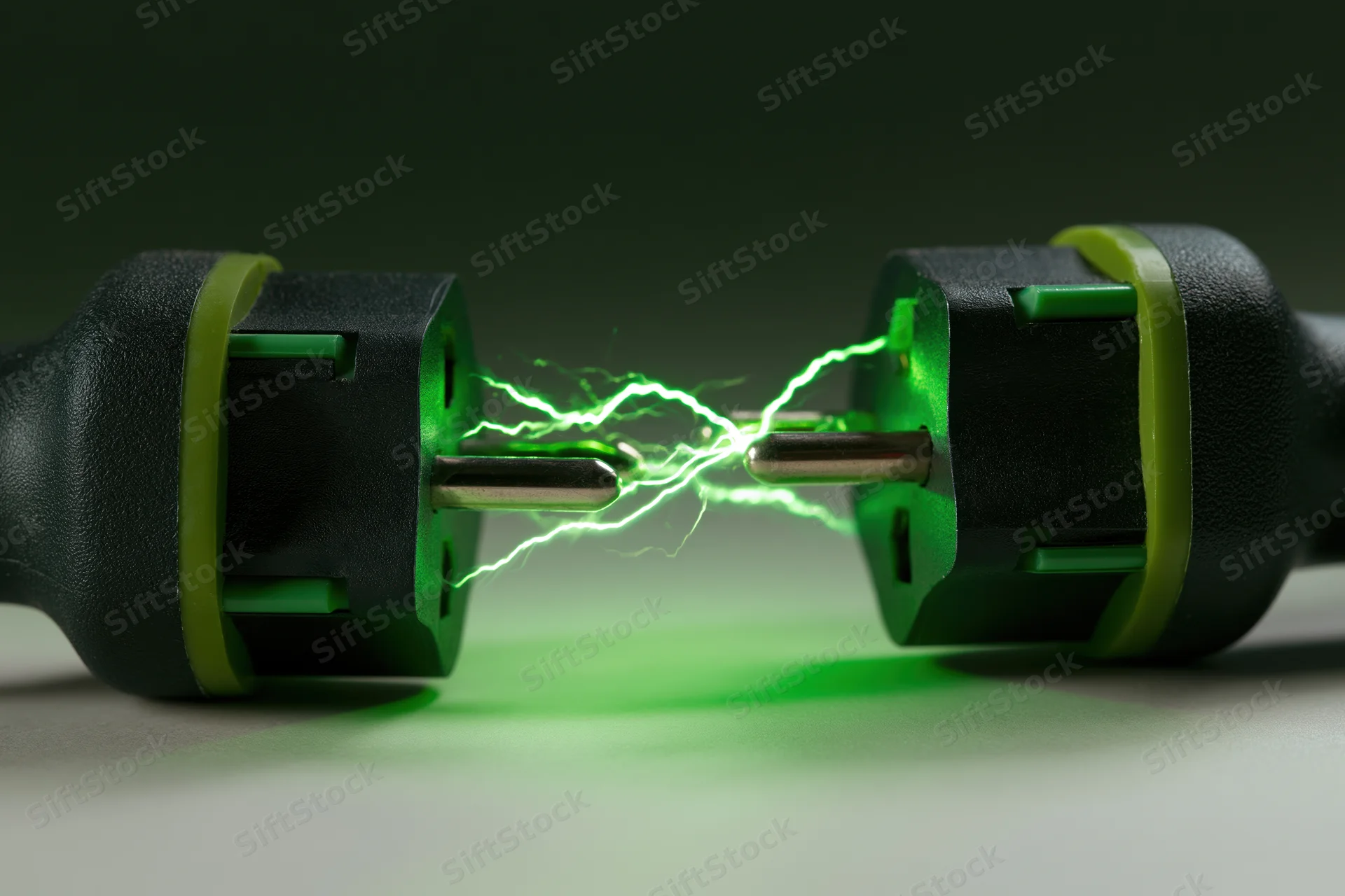 Two european electrical plugs facing each other with green electric arcs between metal prongs on a dark surface