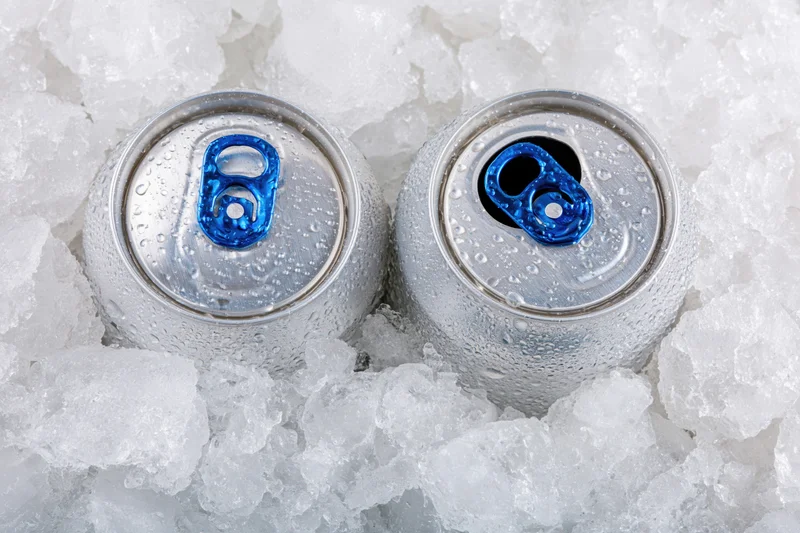 Two aluminum beverage cans with blue pull tabs resting in crushed ice