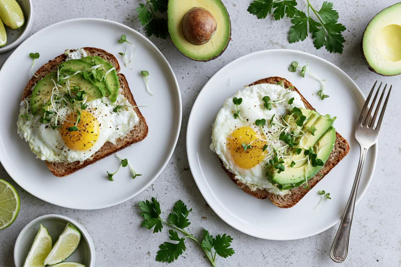 Two avocado toasts with fried eggs and microgreens on white plates arranged on a countertop with lime wedges and herbs around