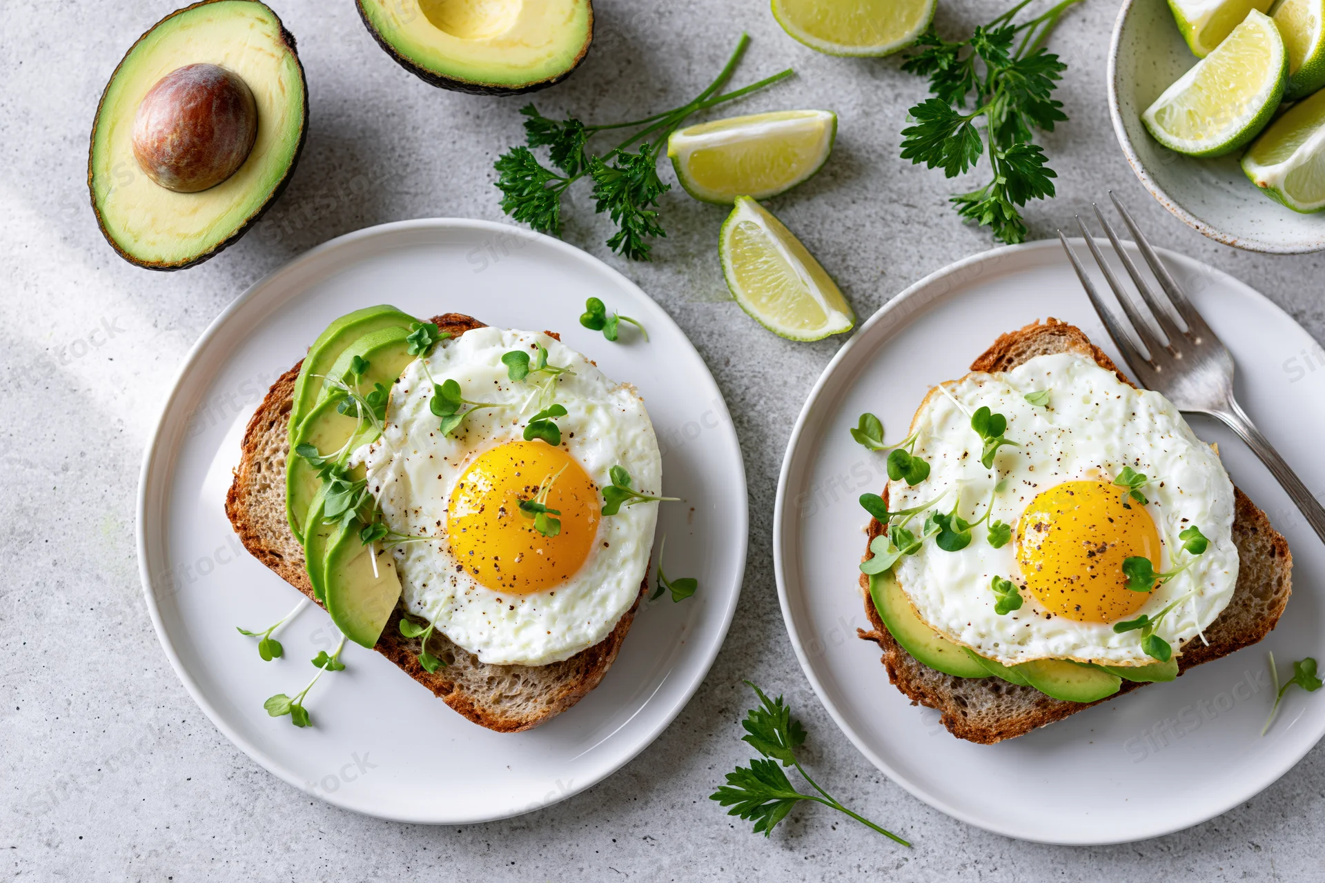 Two avocado toasts with fried eggs and microgreens on white ceramic plates arranged on a light countertop