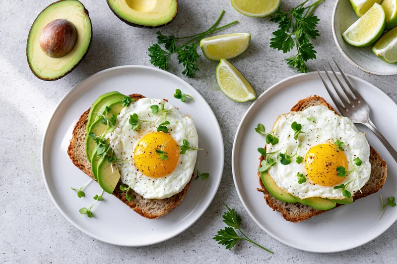 Two avocado toasts with fried eggs and microgreens on white ceramic plates arranged on a light countertop