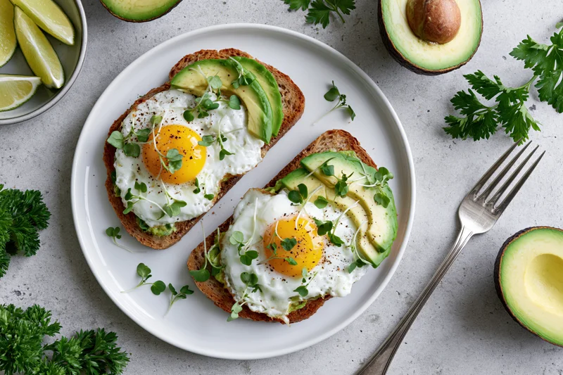 Two avocado toasts with fried eggs and microgreens on a white plate, arranged with lime wedges and herbs on a light surface
