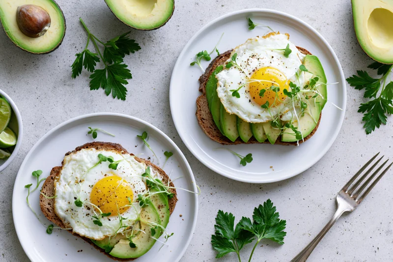 Two avocado toasts with fried eggs and microgreens on white plates on a light countertop