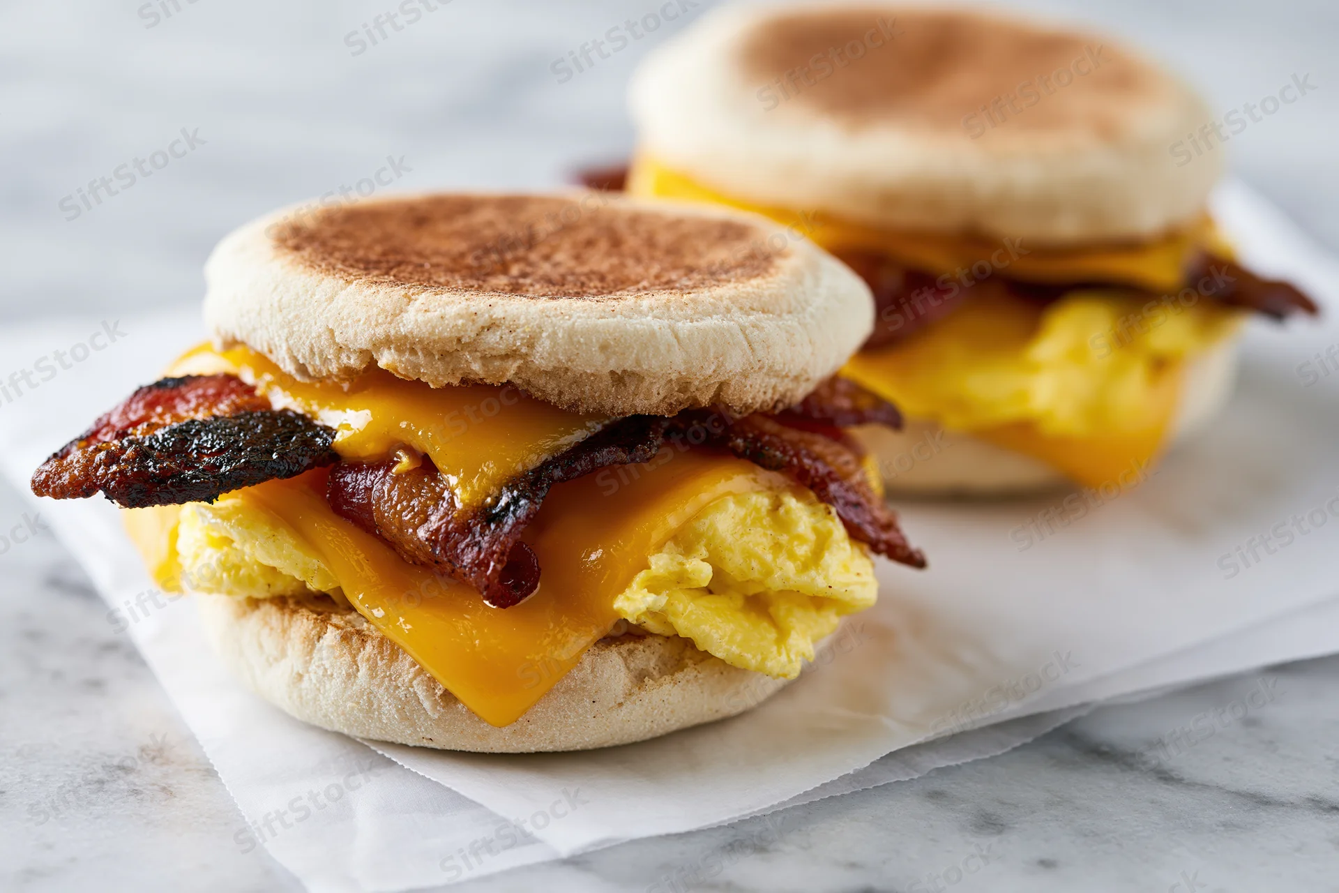 Two breakfast sandwiches stacked on toasted english muffins with bacon, egg, and cheese on a marble surface with paper underneath