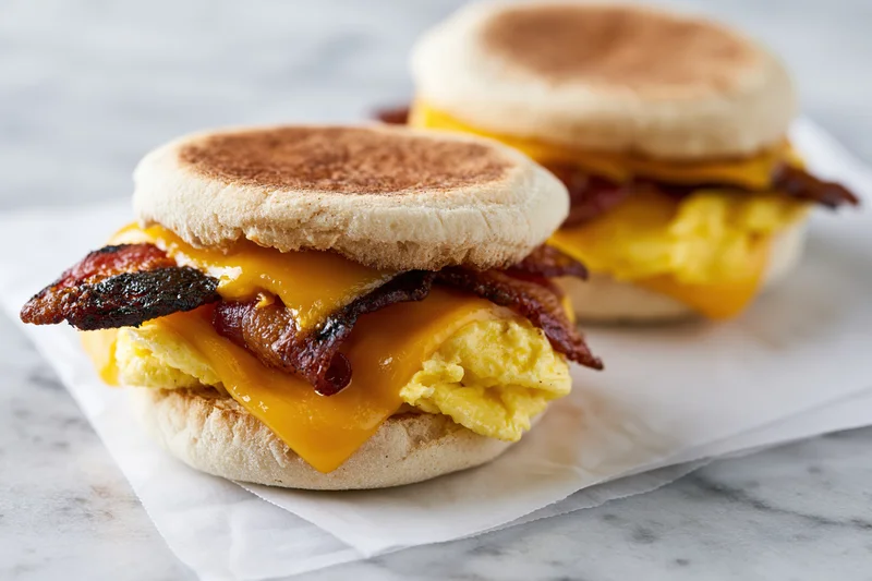 Two breakfast sandwiches stacked on toasted english muffins with bacon, egg, and cheese on a marble surface with paper underneath