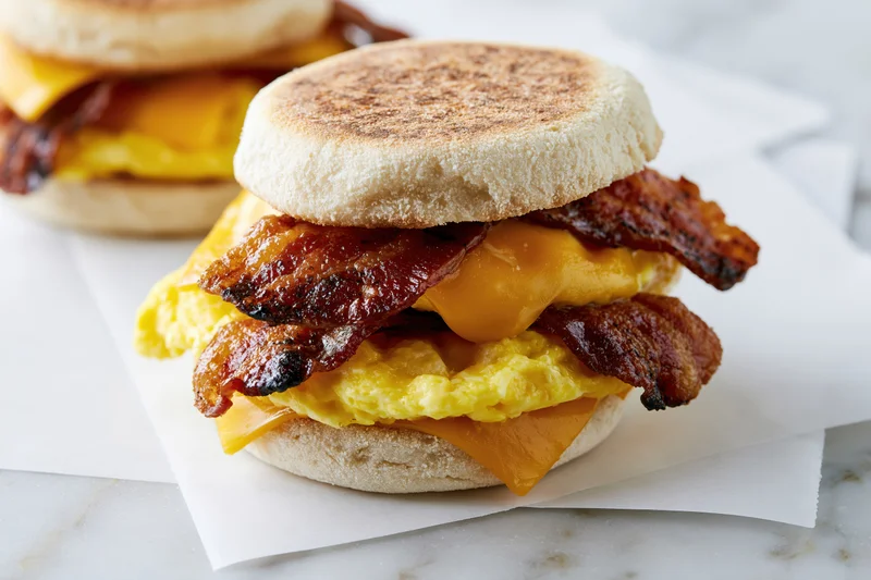 Two breakfast sandwiches stacked on toasted english muffins with bacon, egg and cheese on white paper over marble surface