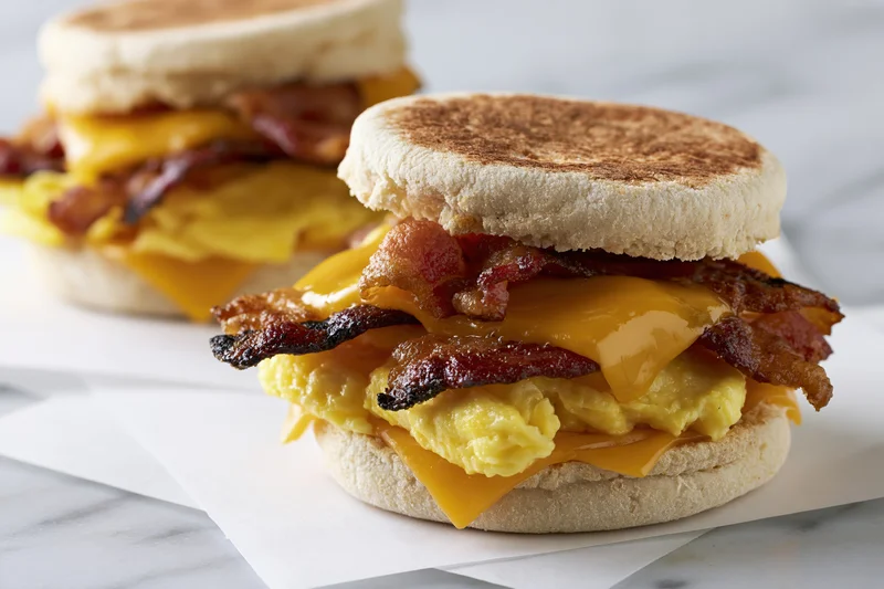 Two breakfast sandwiches stacked on toasted english muffins with bacon, cheese and egg on a marble surface
