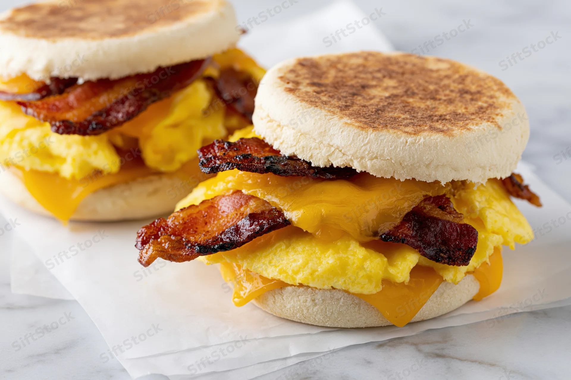 Two breakfast sandwiches stacked with bacon, egg, and cheese on toasted english muffins on parchment paper