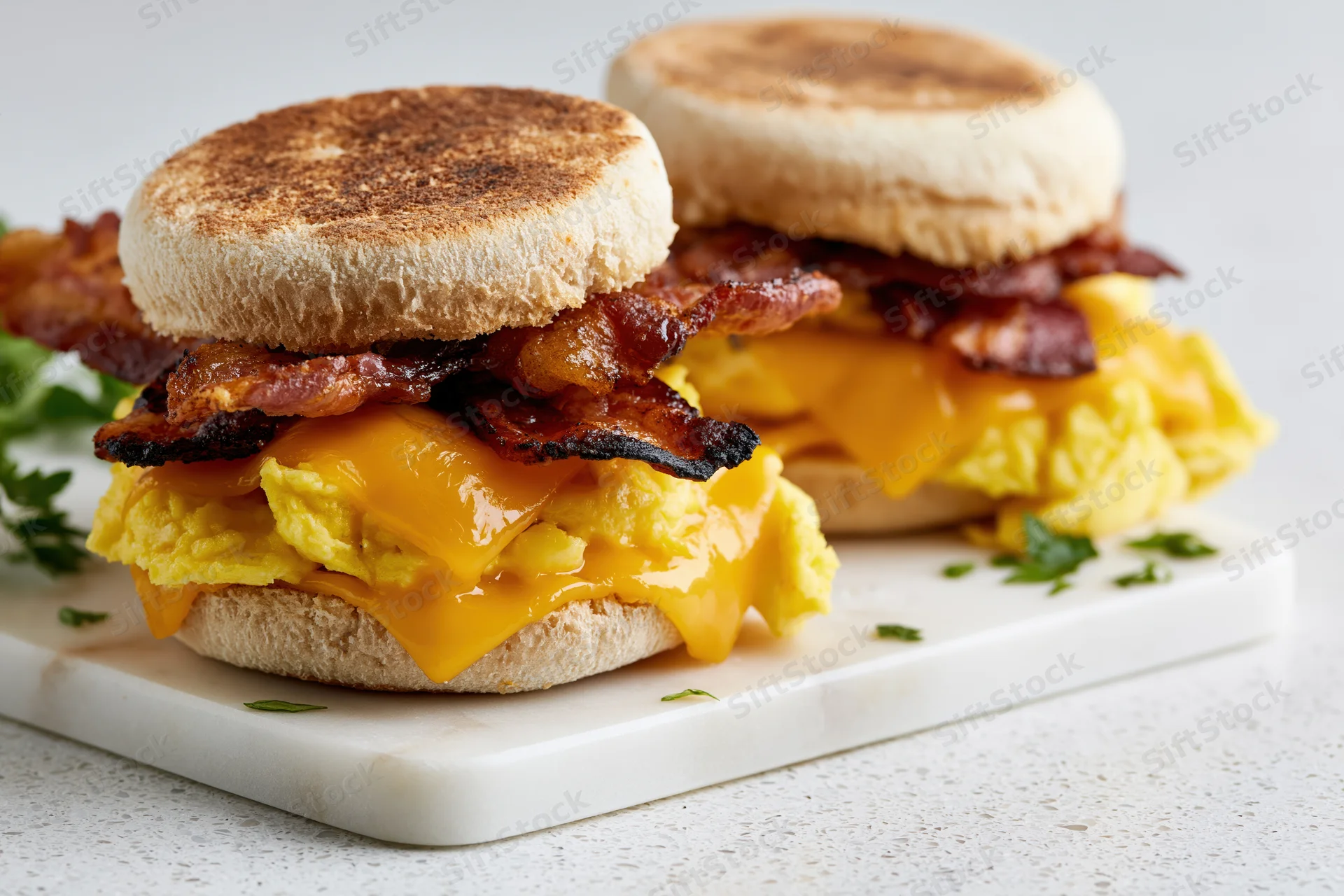 Two breakfast sandwiches stacked with bacon, egg, and cheese on toasted english muffins on a marble board