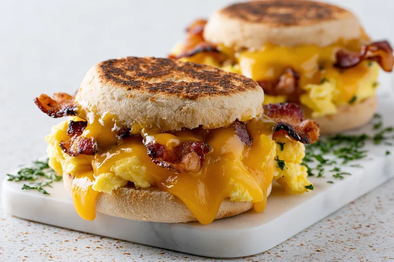 Two breakfast sandwiches on toasted english muffins with bacon, cheese and egg stacked on a marble board