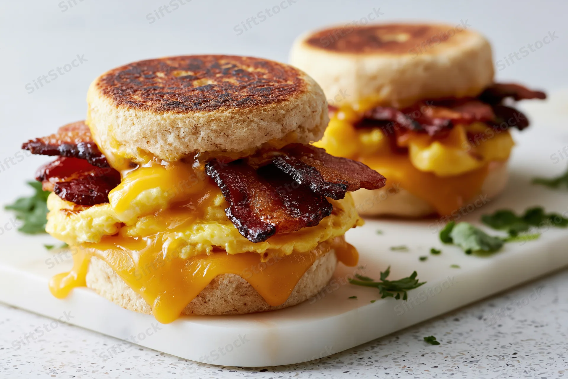 Two breakfast sandwiches stacked with bacon, egg, and cheese on toasted english muffins on a marble board