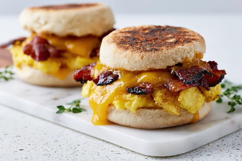 Two breakfast sandwiches stacked on toasted english muffins with bacon, cheese and egg on a marble board