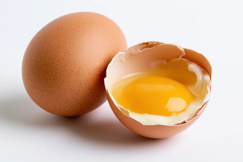 Two brown chicken eggs on white background one whole and one cracked open showing yolk and white