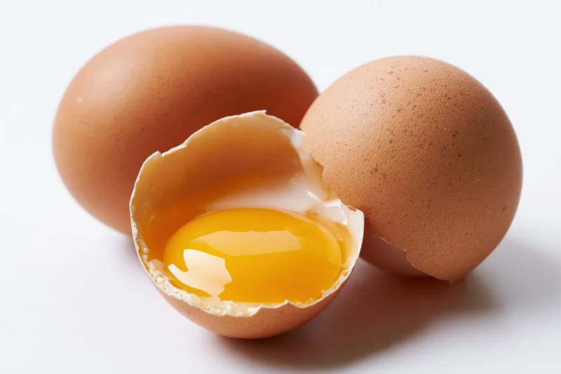 Two brown chicken eggs on white background one whole and one cracked open showing yolk and white
