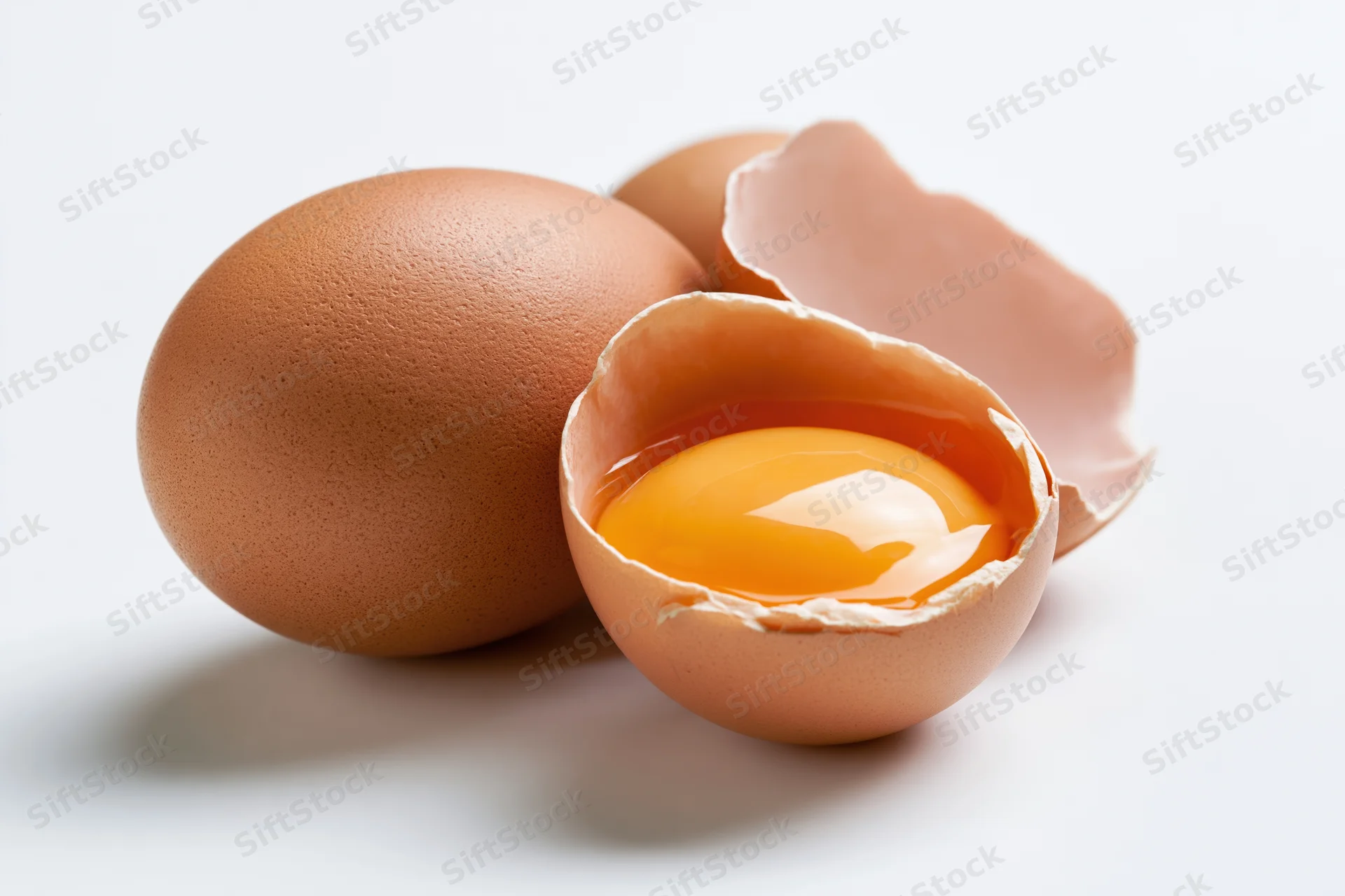 Two brown chicken eggs on white surface one whole and one cracked open showing yolk