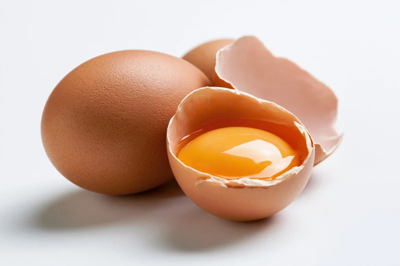 Two brown chicken eggs on a white surface one cracked egg