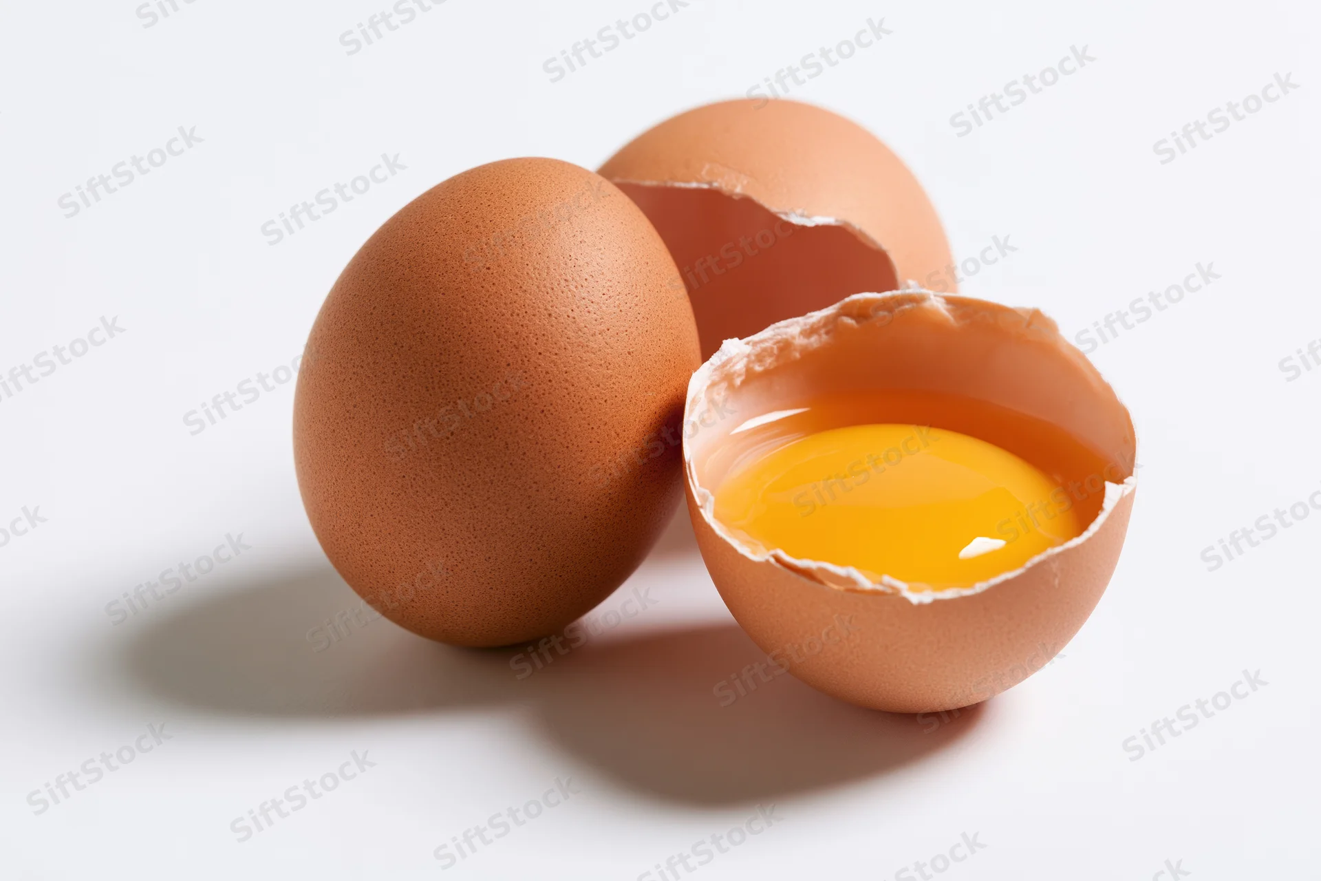 Two brown chicken eggs on white surface one whole and one cracked open showing yolk
