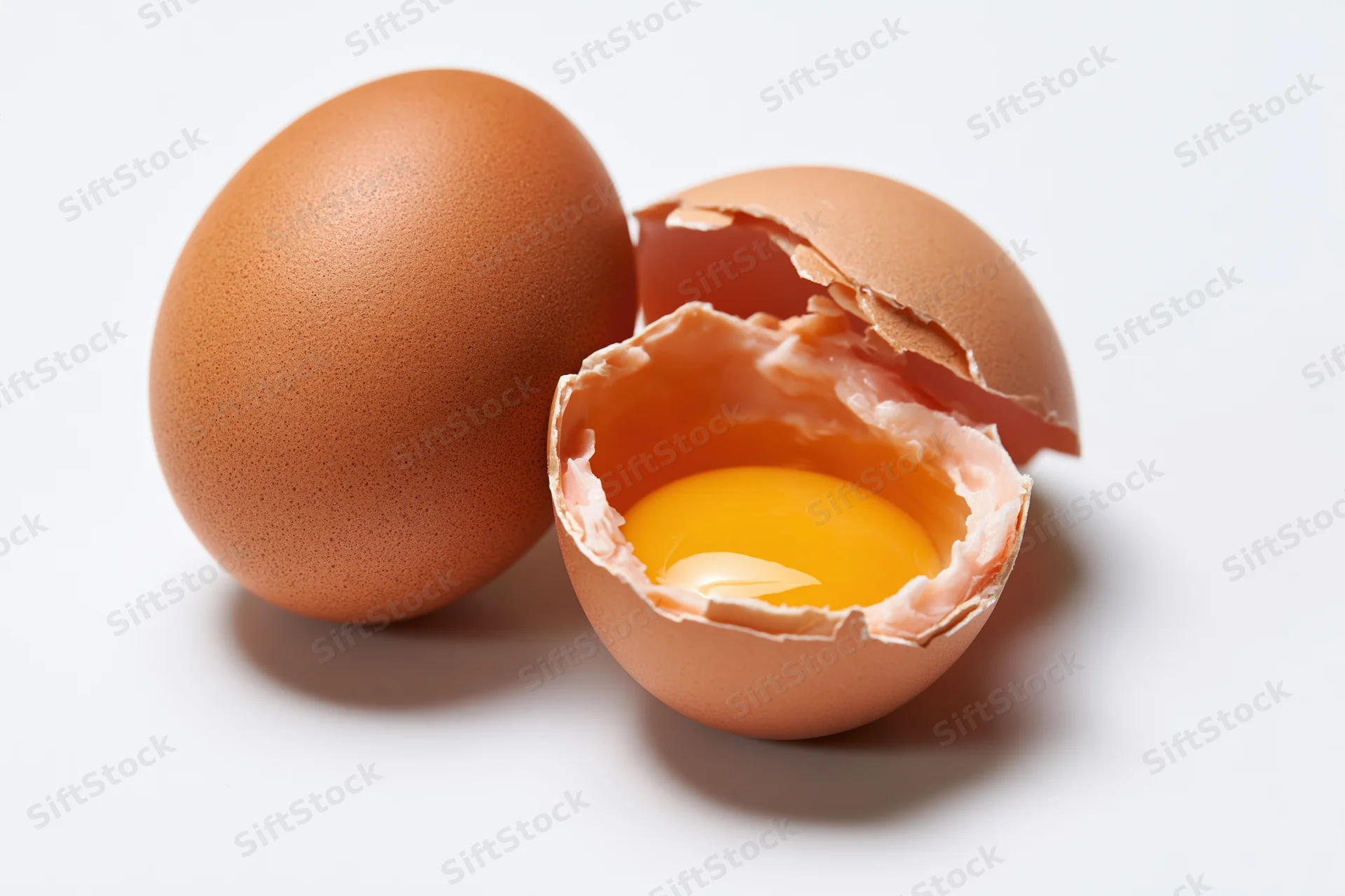 Two brown chicken eggs on white surface one whole and one cracked open showing yolk