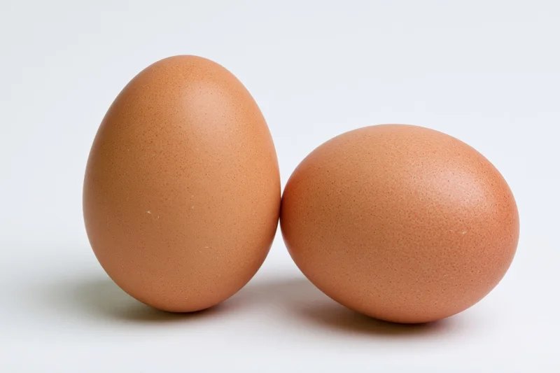 Two brown chicken eggs resting side by side on a plain white surface