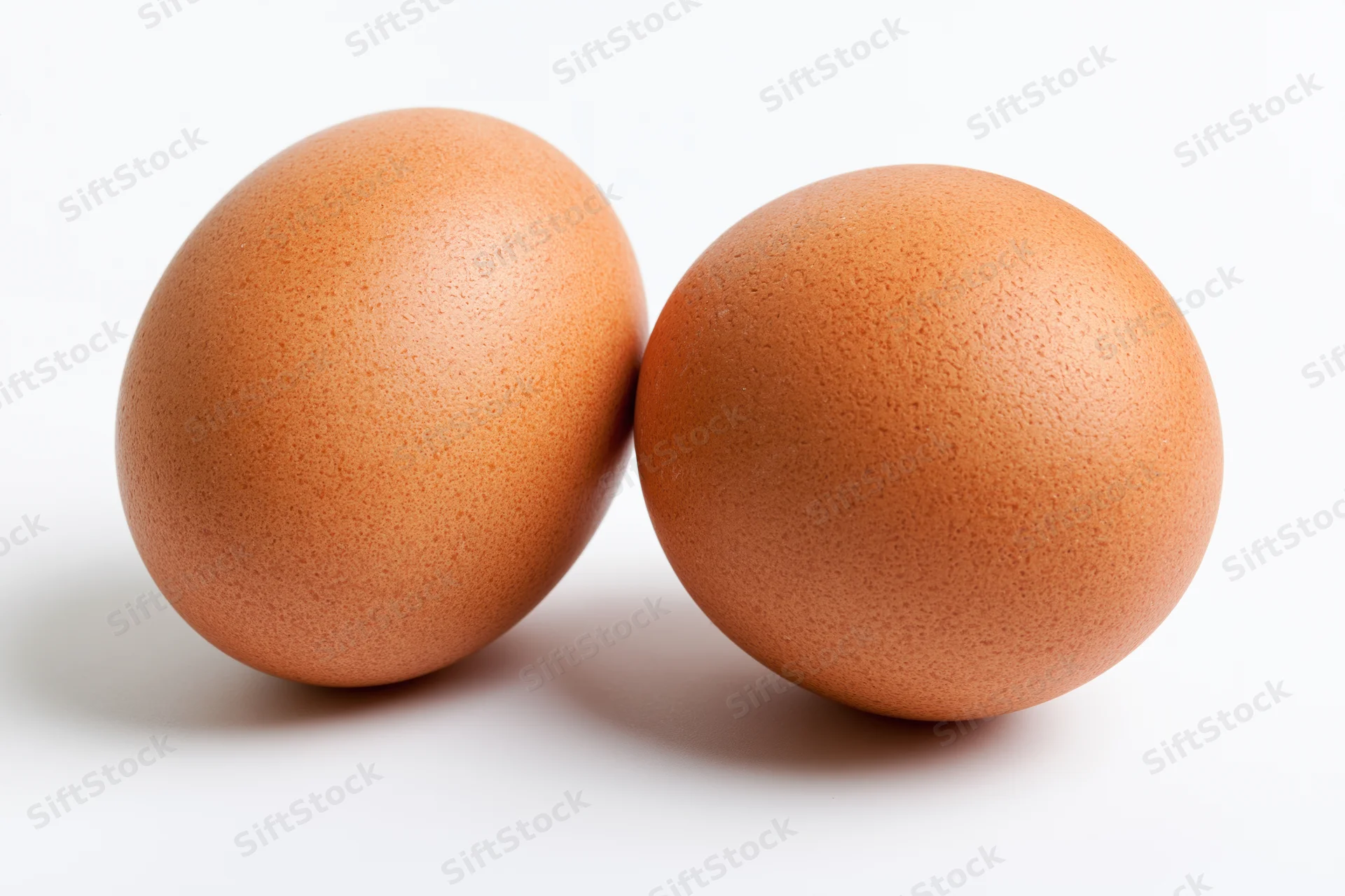 Two brown chicken eggs resting side by side on a plain white surface