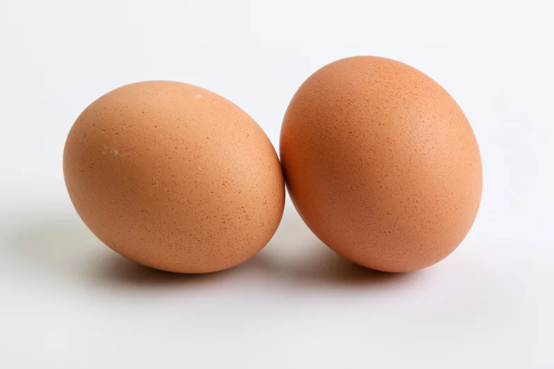 Two brown chicken eggs resting side by side on a plain white surface