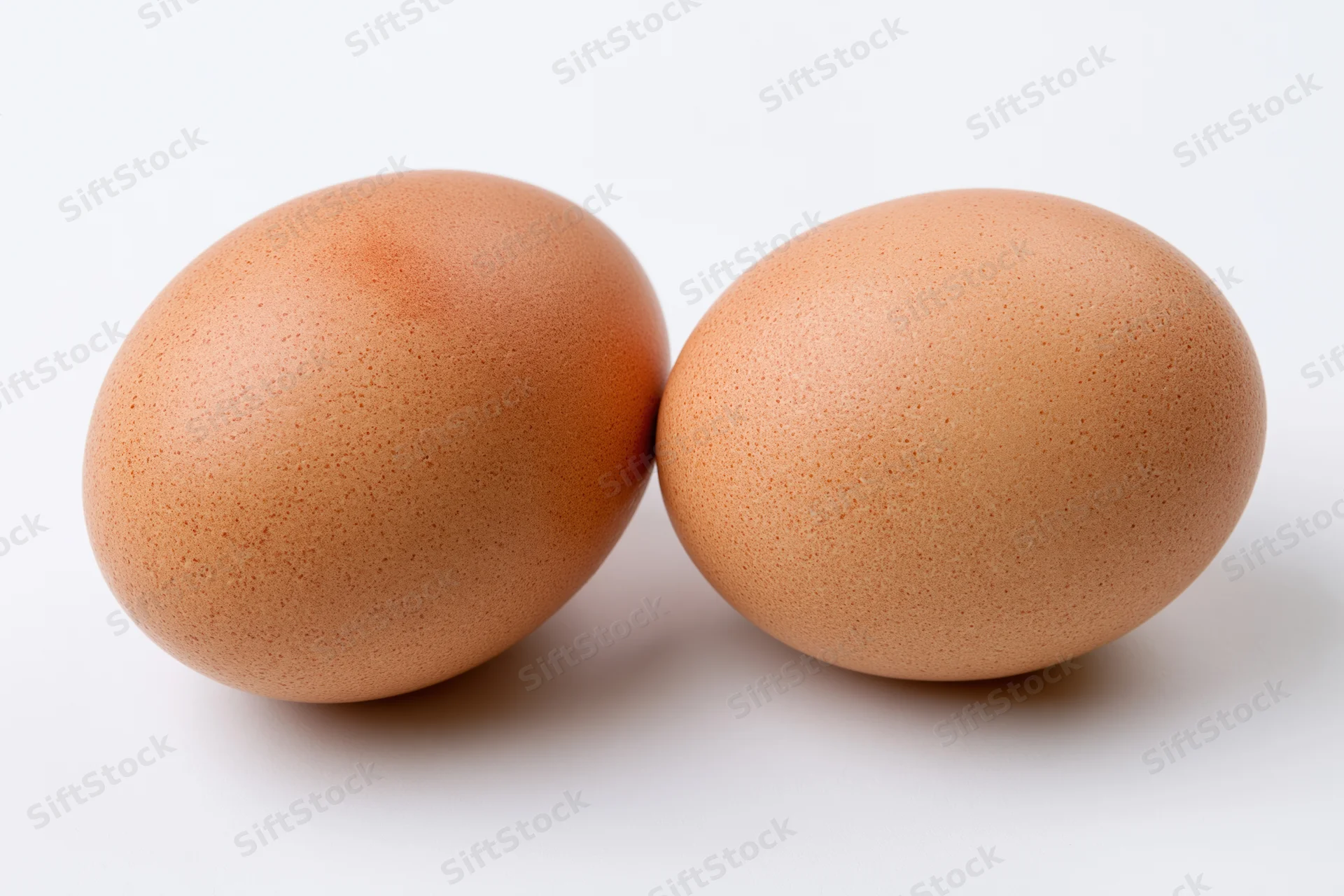 Two brown chicken eggs resting side by side on a pure white surface