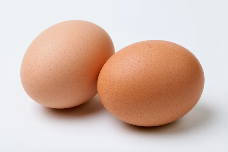 Two brown chicken eggs resting side by side on a pure white surface