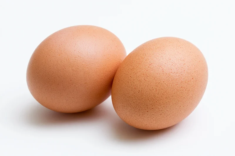 Two brown chicken eggs resting side by side on a pure white surface