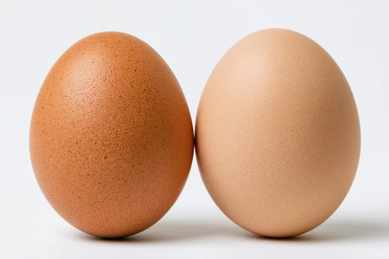 Two brown chicken eggs standing upright side by side on a white surface