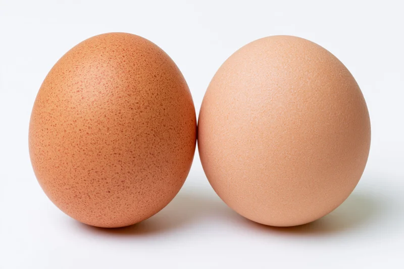 Two brown chicken eggs standing upright side by side on a white surface
