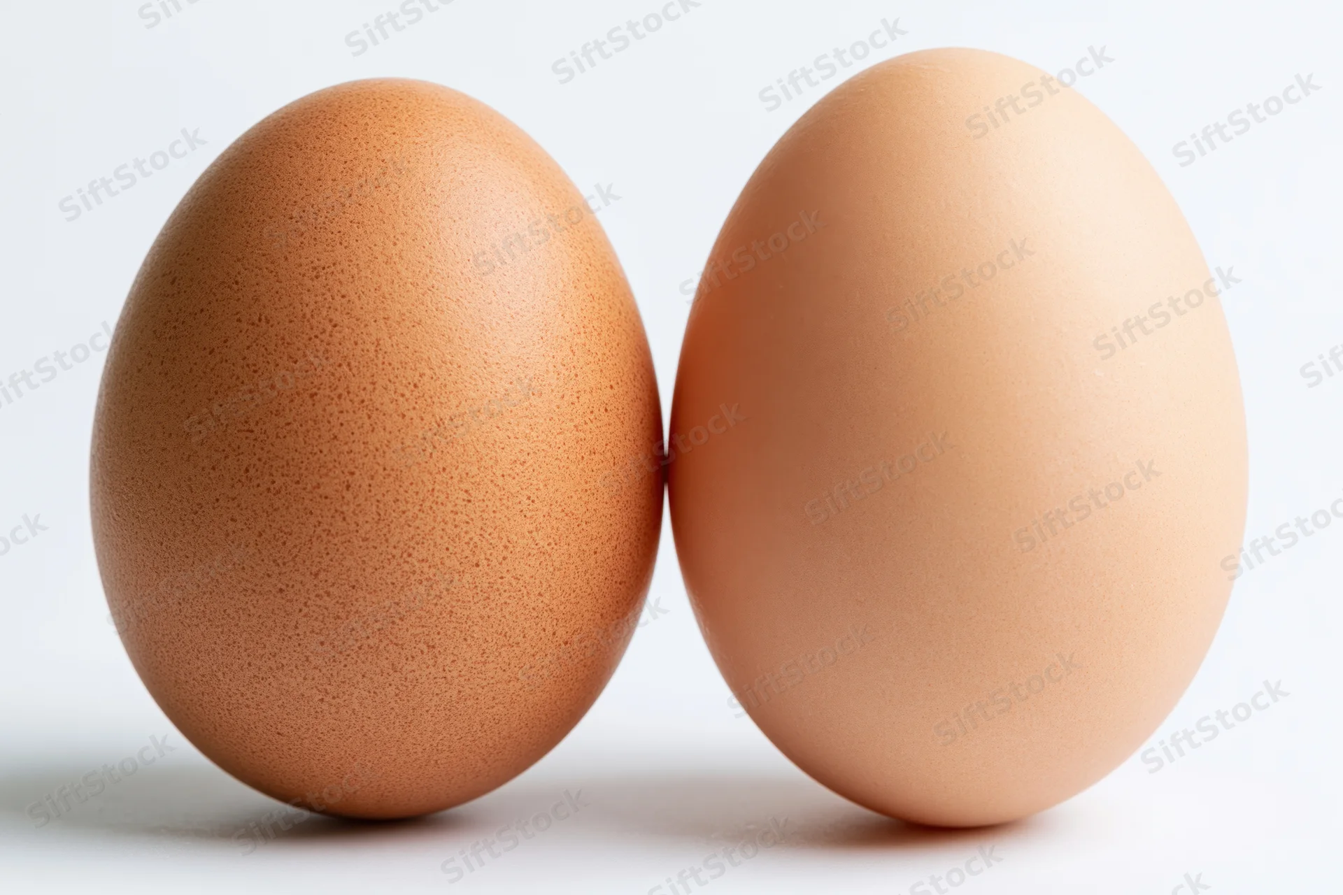 Two brown chicken eggs standing upright side by side on a white surface
