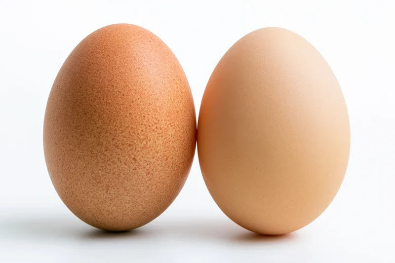 Two brown chicken eggs standing upright side by side on a white surface