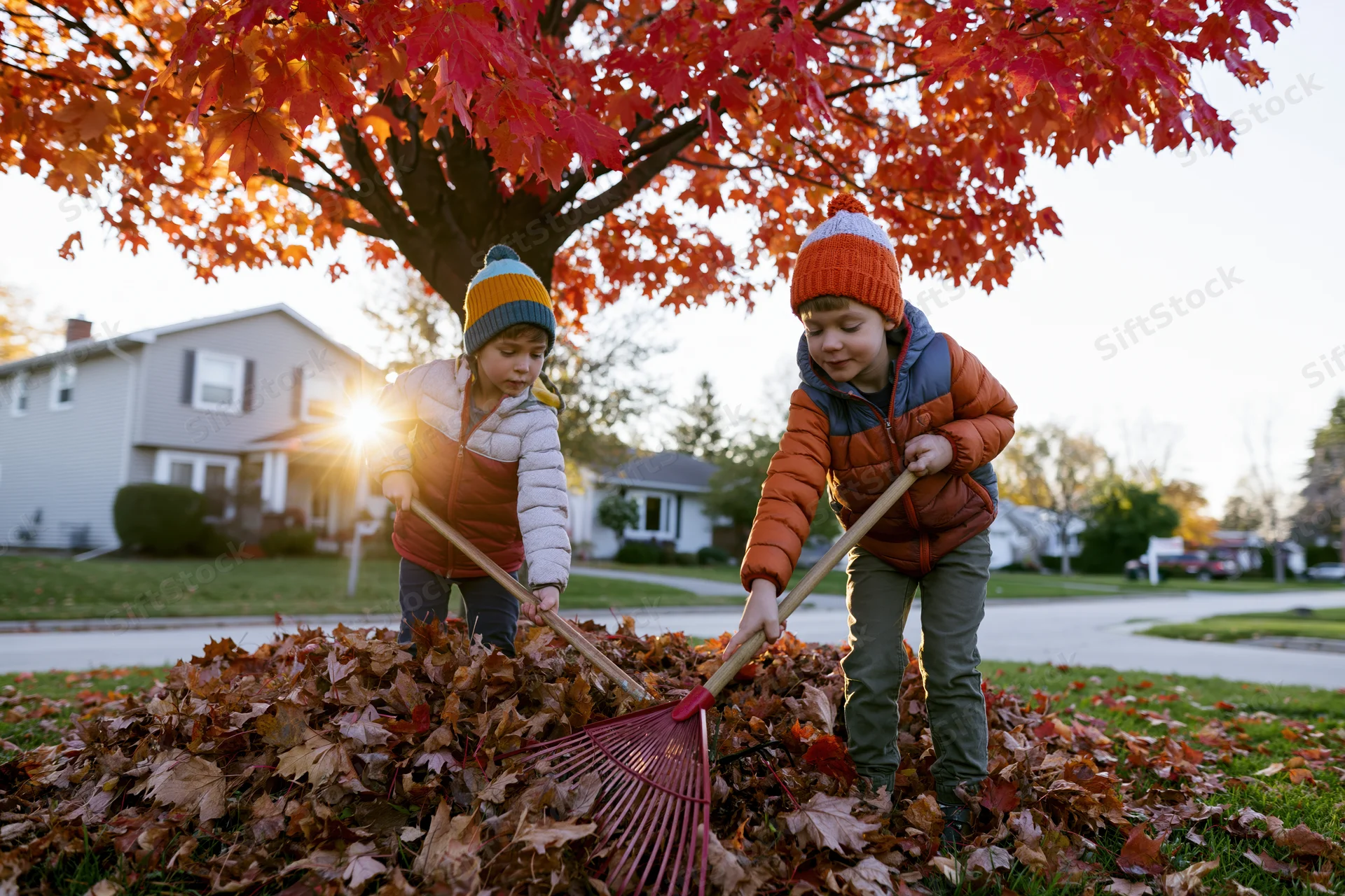 Two young boys raking a large pile of fallen autumn leaves in a suburban yard