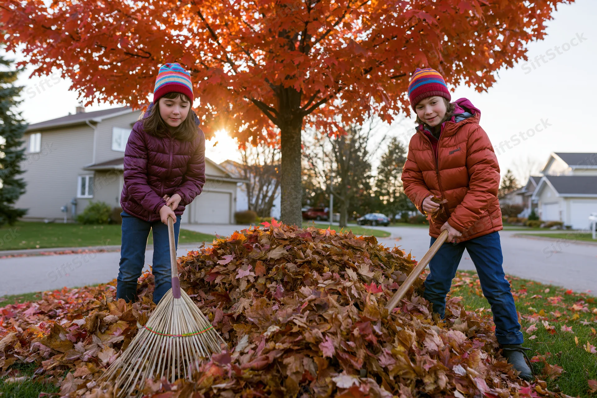Two children raking a large pile of fallen leaves in a suburban yard