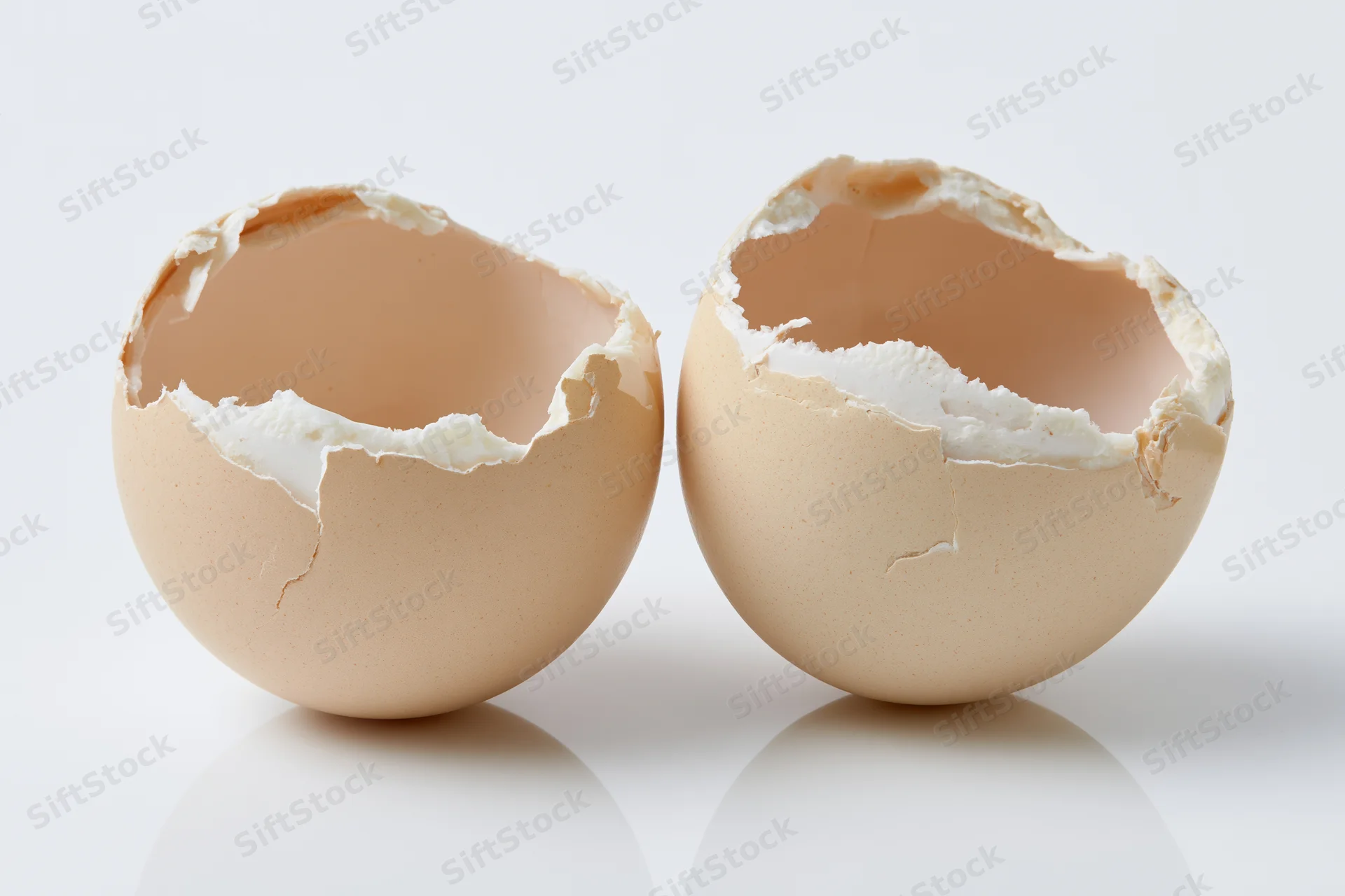 Two cracked eggshell halves split apart and empty placed side by side on white surface