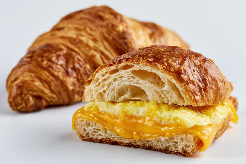 Croissant breakfast sandwich with egg and cheese on white background