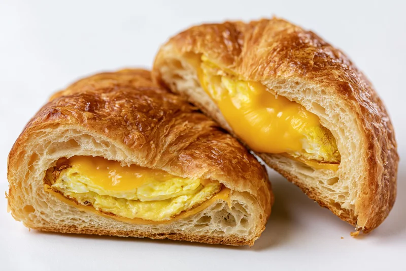 Two croissant egg and cheese breakfast sandwiches cut in half on white background
