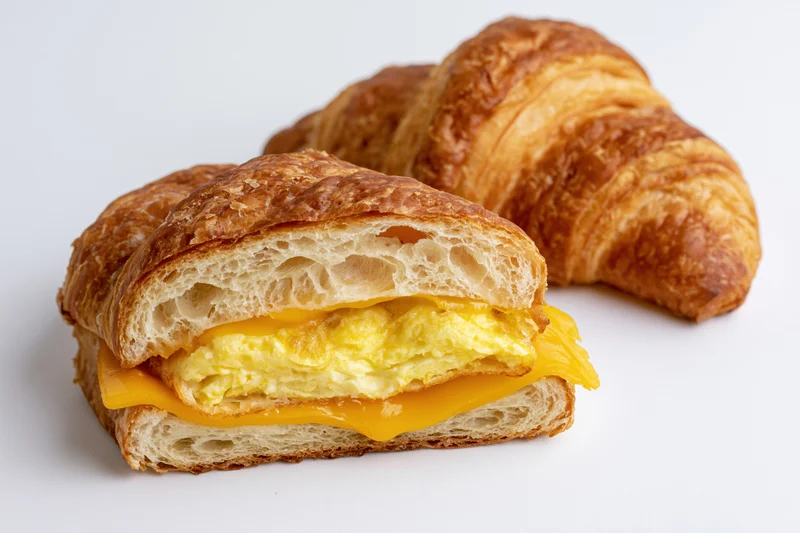 Croissant breakfast sandwich with egg and cheese on white surface
