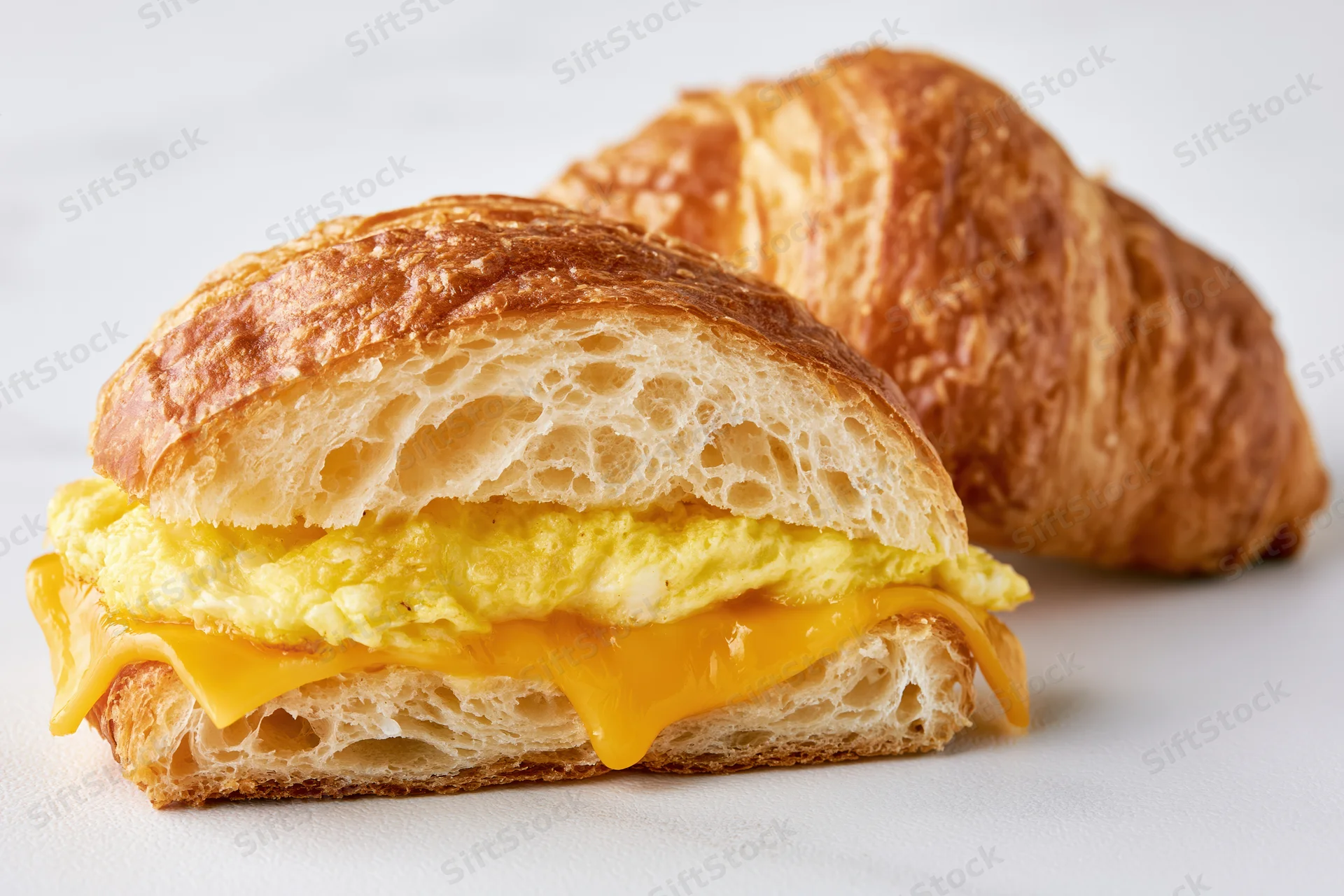 Croissant breakfast sandwich with egg and cheese on white surface