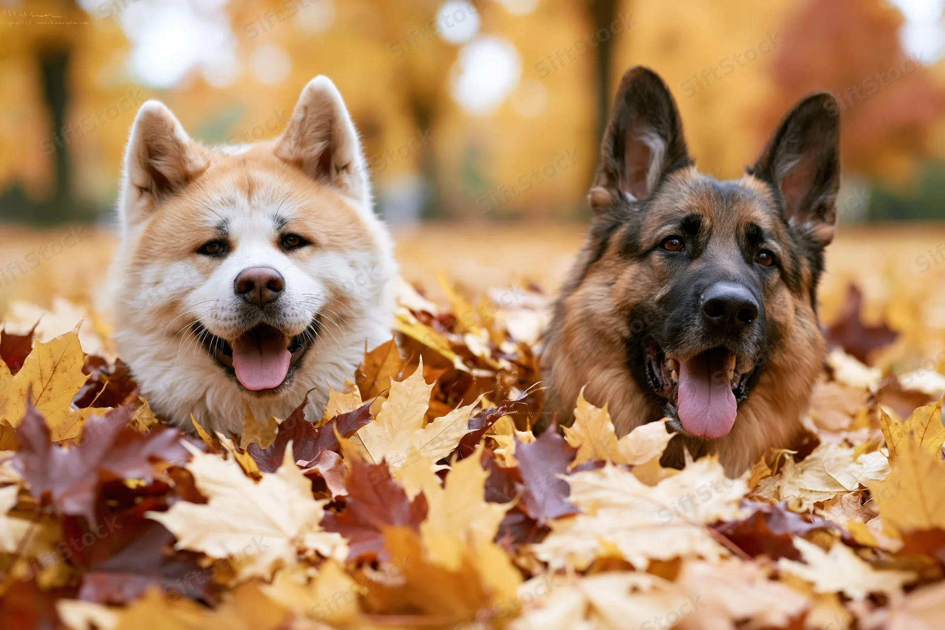 Two dogs an akita and a german shepherd peeking through autumn leaves in a park